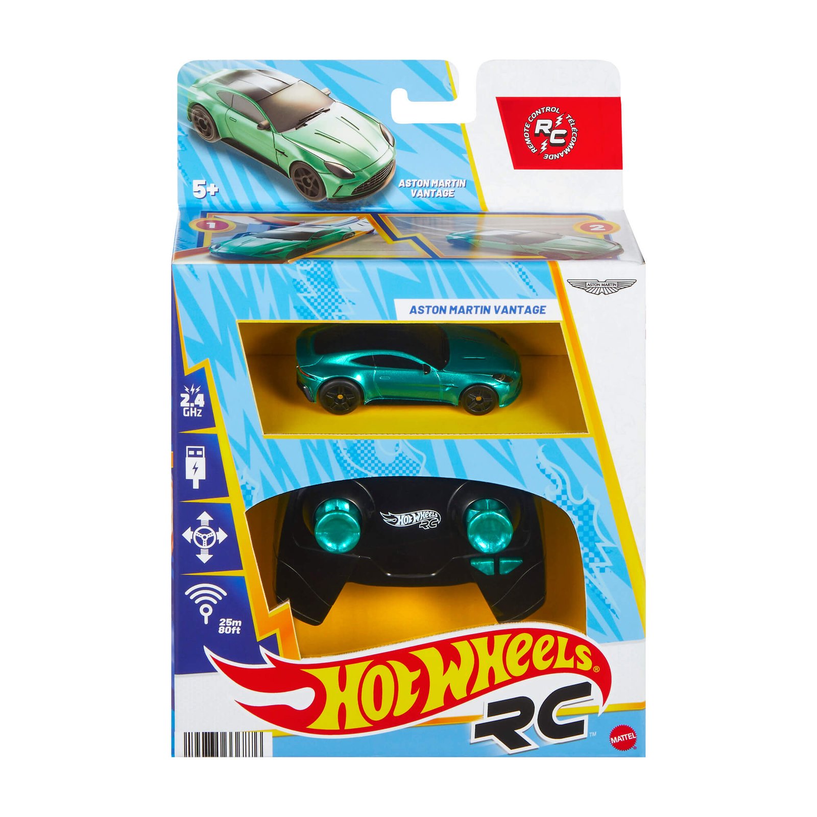 Hot Wheels RC Aston Martin Vantage – pakuotė su žaliu automodeliu ir juodu pulteliu