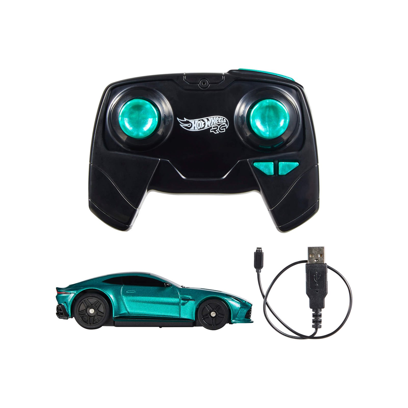 Rinkinio turinys: nuotolinio valdymo pultelis, Aston Martin Vantage automodelis ir USB laidas
