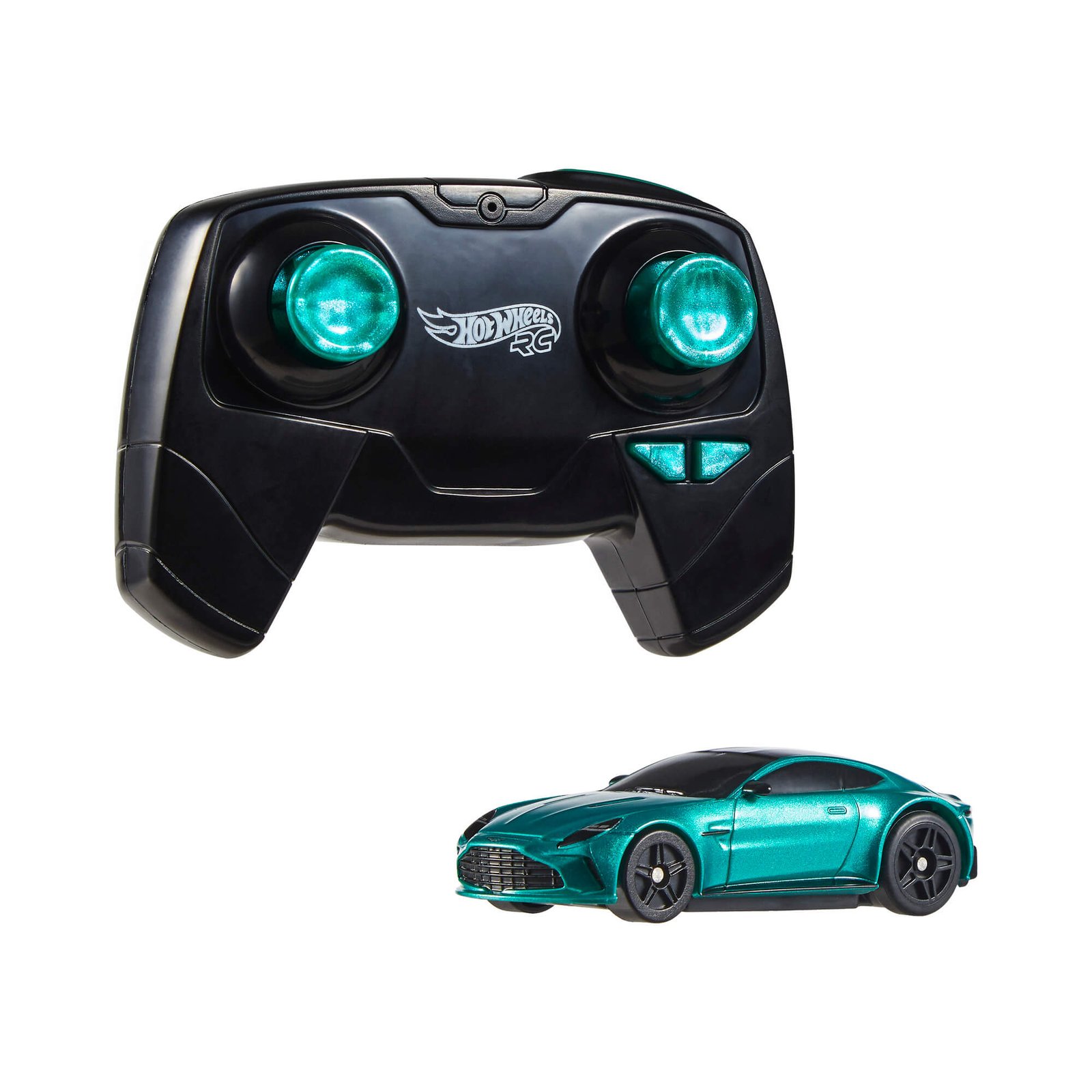Juodas Hot Wheels RC pultelis su žaliomis vairalazdėmis ir automodelis