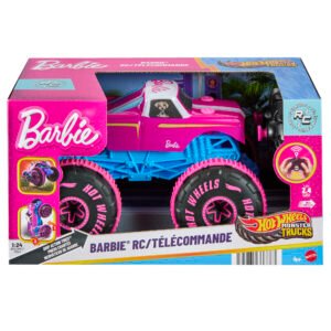 Hot Wheels RC Barbie monstrų džipas pakuotėje – rožinis kėbulas, žydra važiuoklė, šuniukas lange