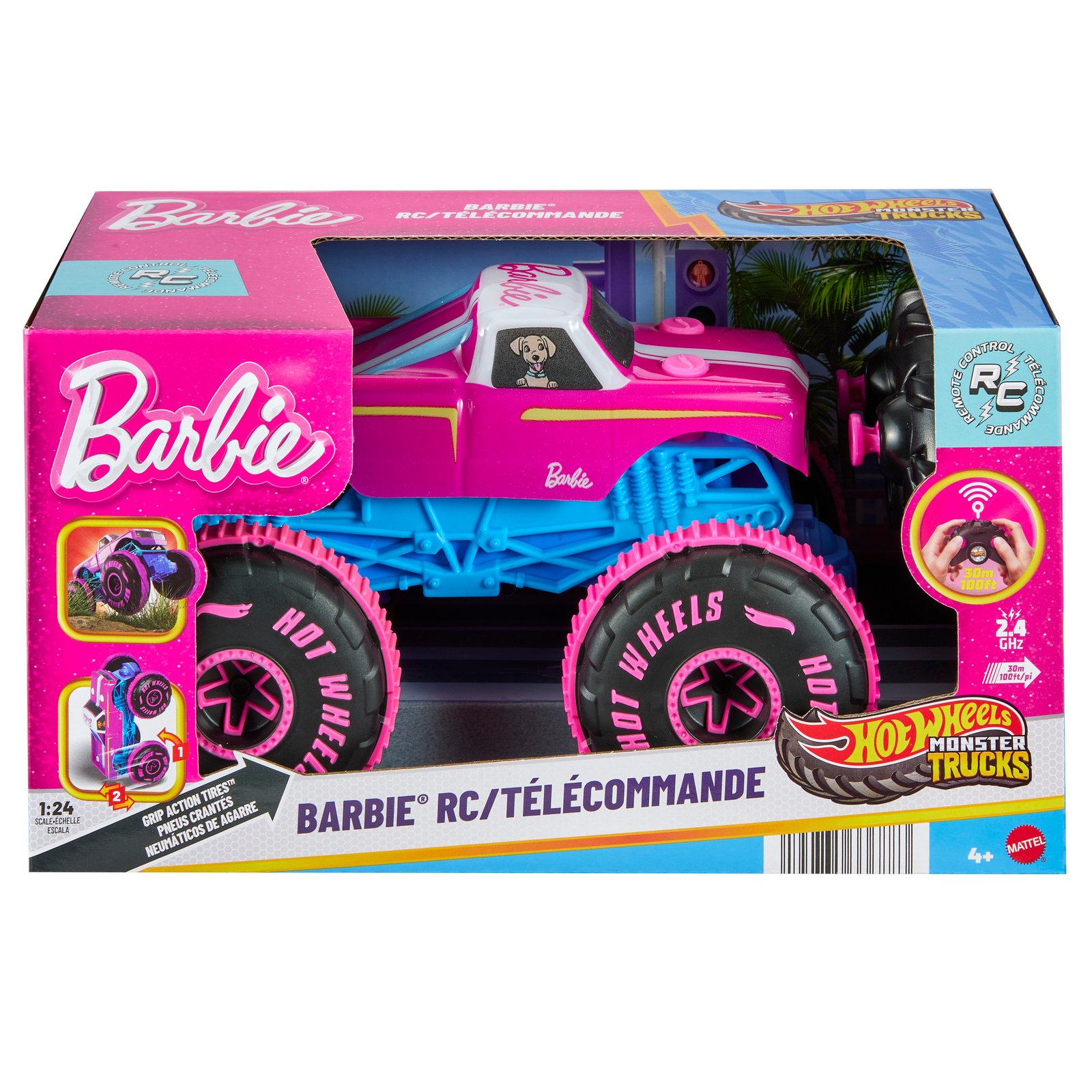 Hot Wheels RC Barbie monstrų džipas pakuotėje – rožinis kėbulas, žydra važiuoklė, šuniukas lange