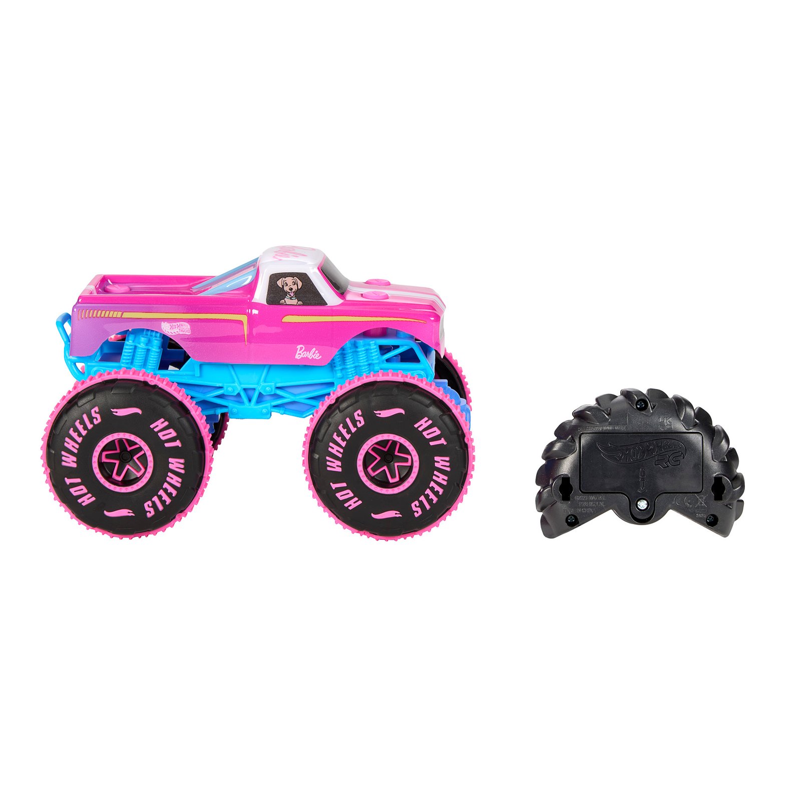 Barbie Monster Trucks džipas iš šono – juodi ratai su rožiniais užrašais