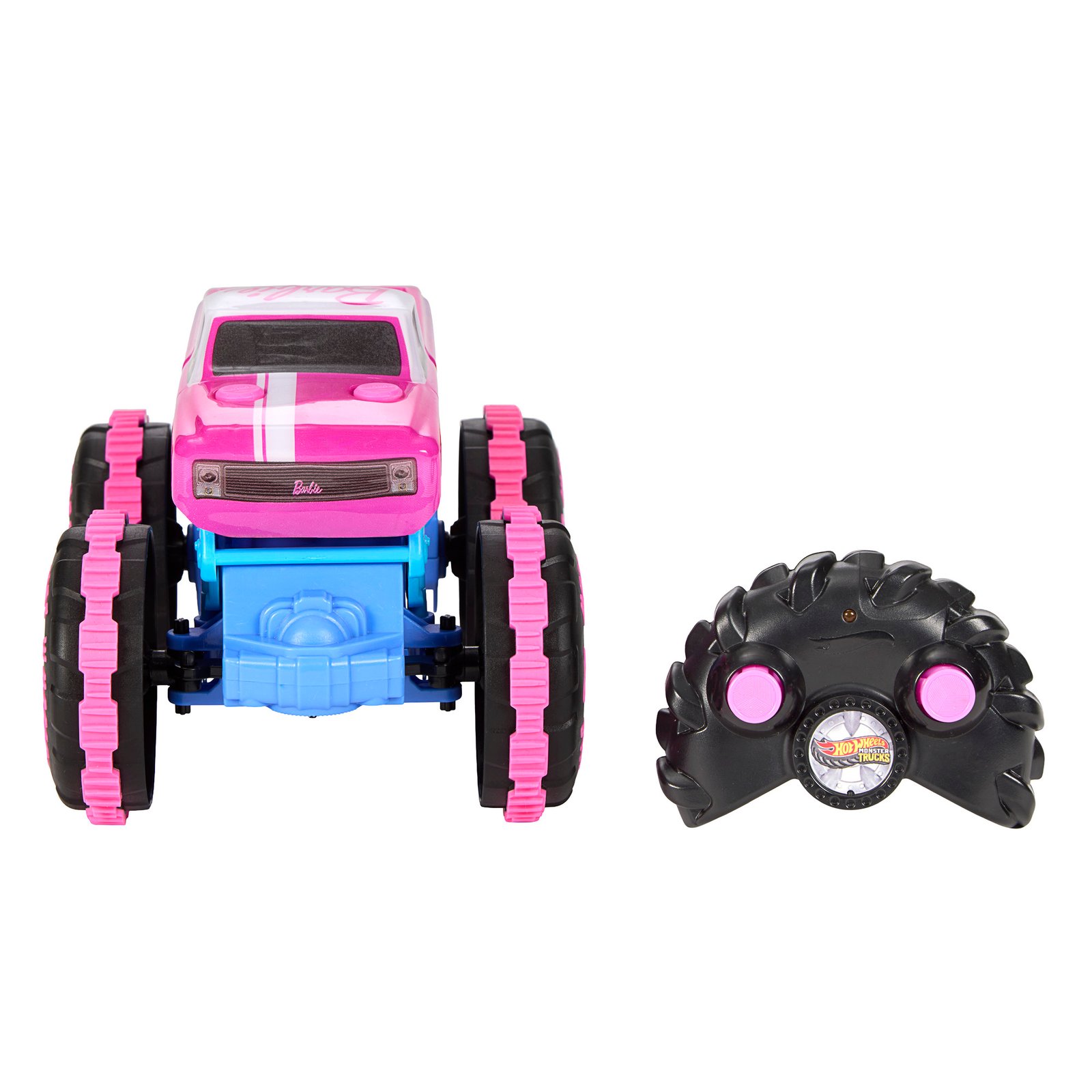 Barbie RC džipas iš priekio – rožinis kapotas su baltais dryžiais ir pultelis