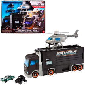 Matchbox transformuojamas transporteris „Mobile Command“ pakuotėje ir šalia su sraigtasparniu bei mašinėlėmis