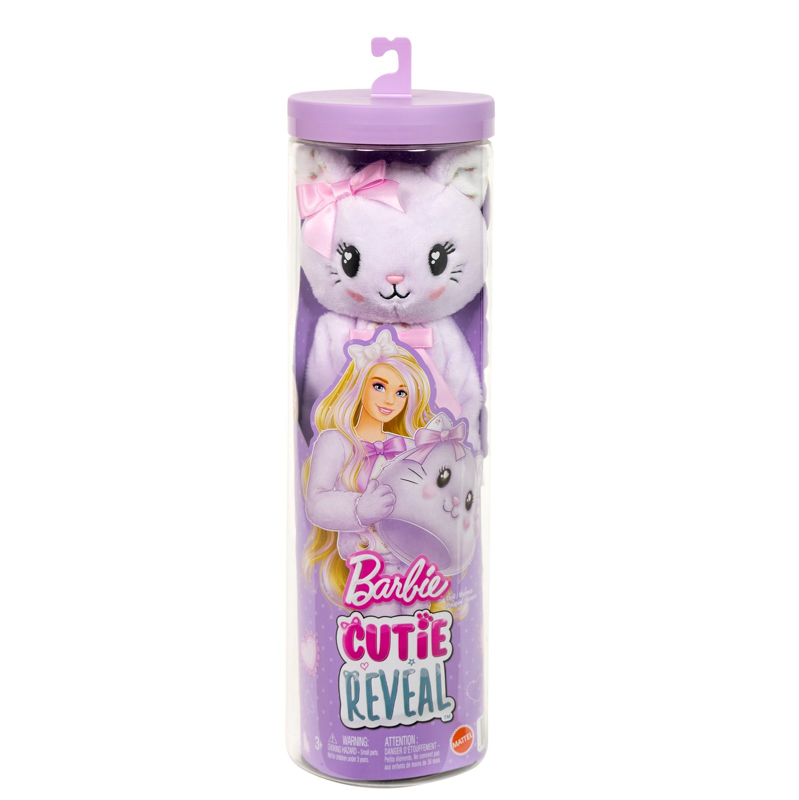 Barbie Cutie Reveal katytė – permatoma tūbos formos pakuotė su alyviniu kostiumu
