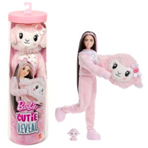 Barbie Cutie Reveal avytė – pakuotė, lėlė rožiniu avytės kostiumu ir mini ėriukas