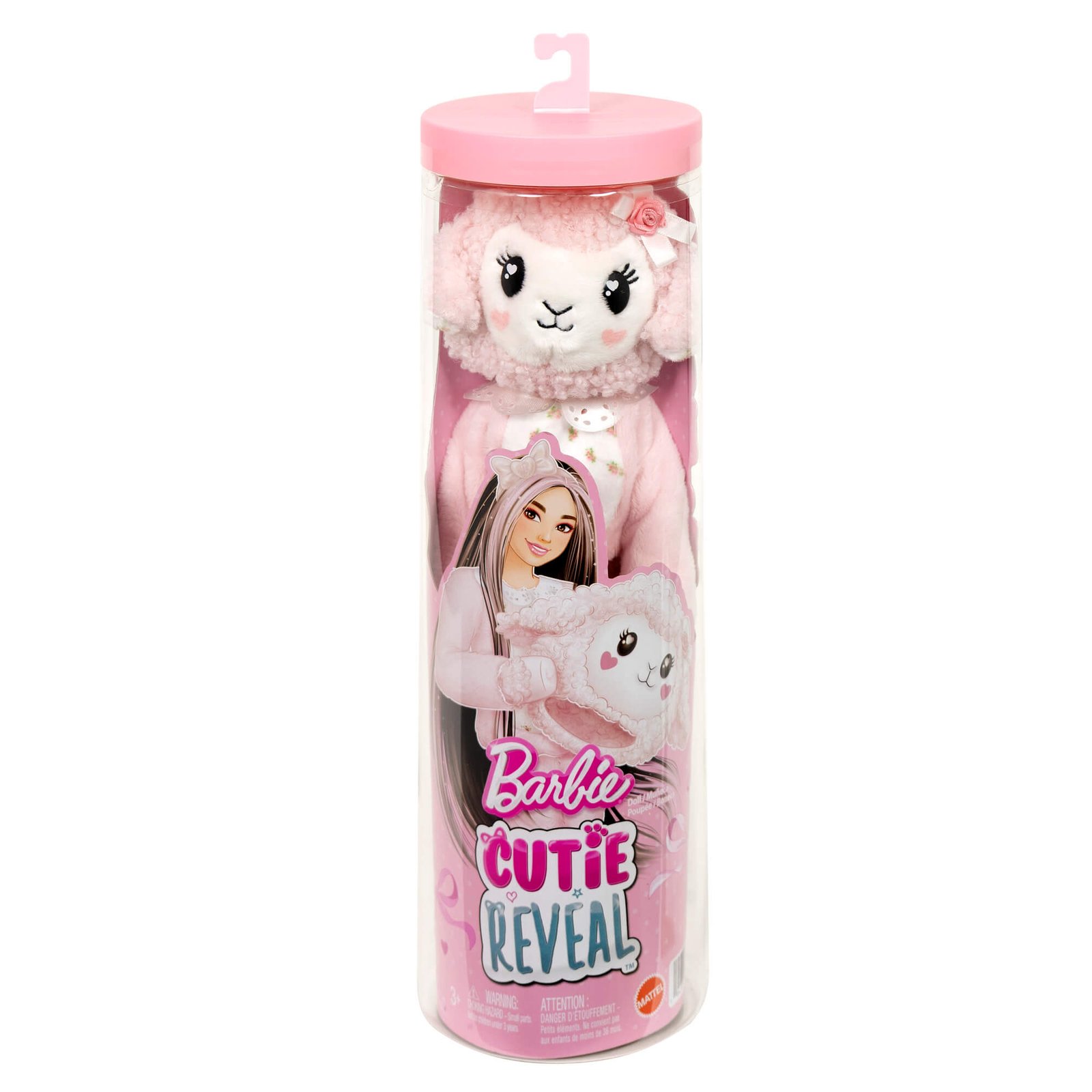 Rožinė permatoma tūba su avytės kostiumu ir „Barbie Cutie Reveal“ užrašu