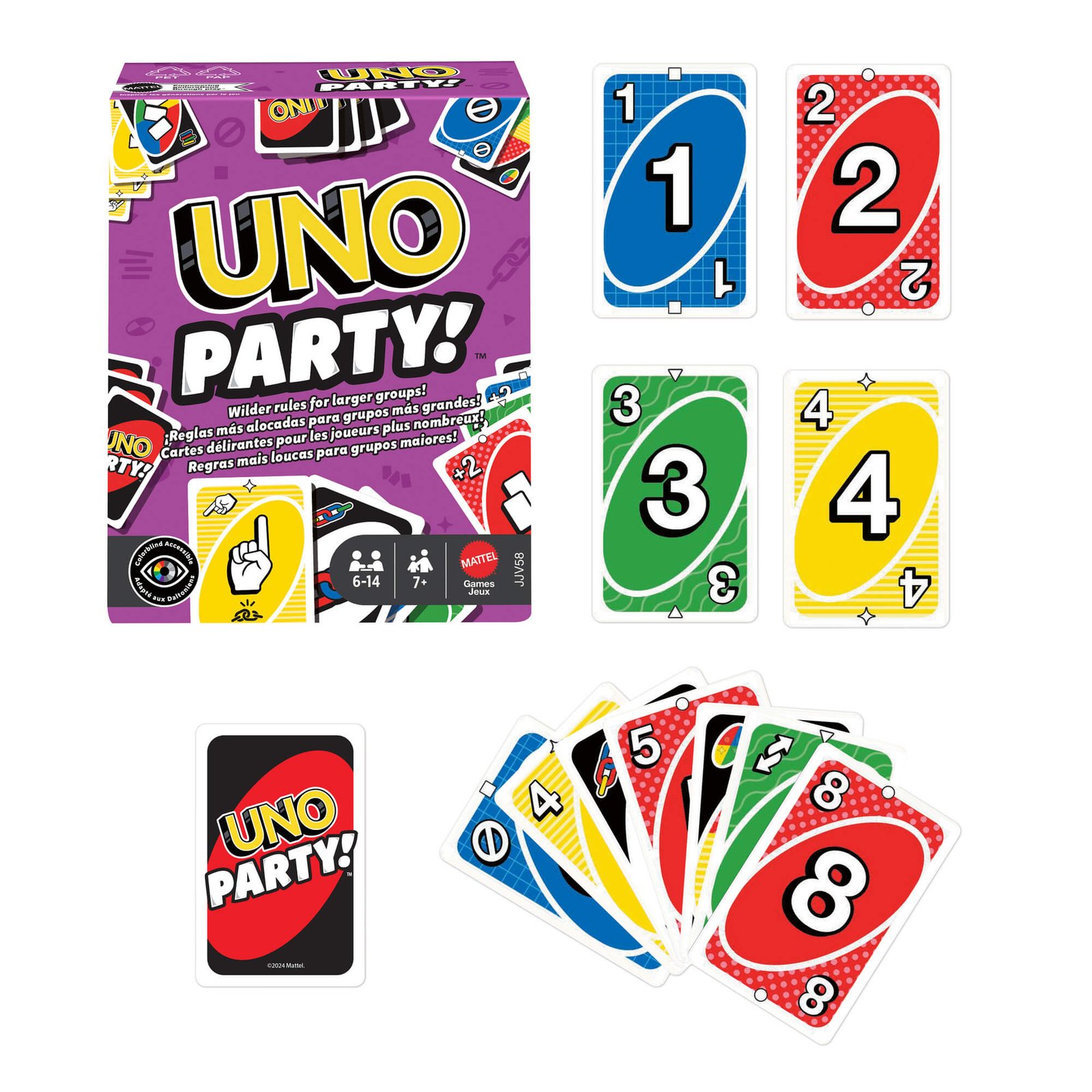 UNO Party! dėžutė, skaičių kortos nuo 1 iki 4, kortos nugarėlė ir išskleista ranka