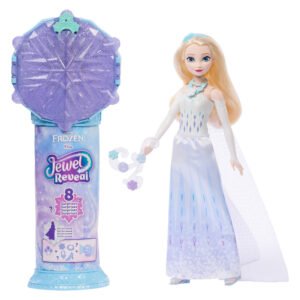 Elza Jewel Reveal – snaigės formos pakuotė ir Elzos lėlė balta suknele su apsiaustu
