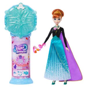 Ana Jewel Reveal – turkio spalvos snaigė ant pakuotės ir Anos lėlė su violetiniu apsiaustu