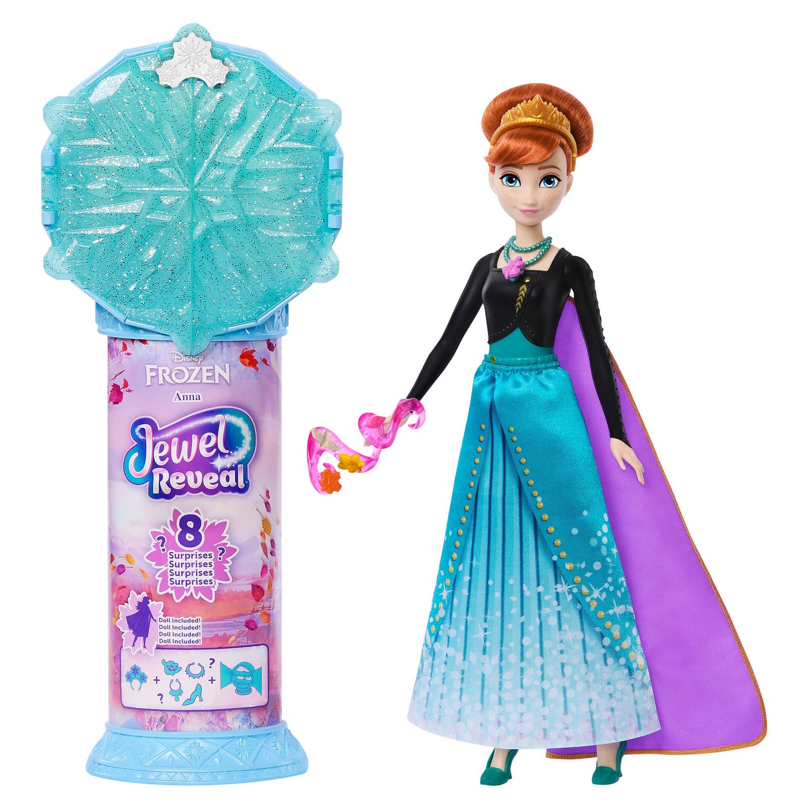 Ana Jewel Reveal – turkio spalvos snaigė ant pakuotės ir Anos lėlė su violetiniu apsiaustu