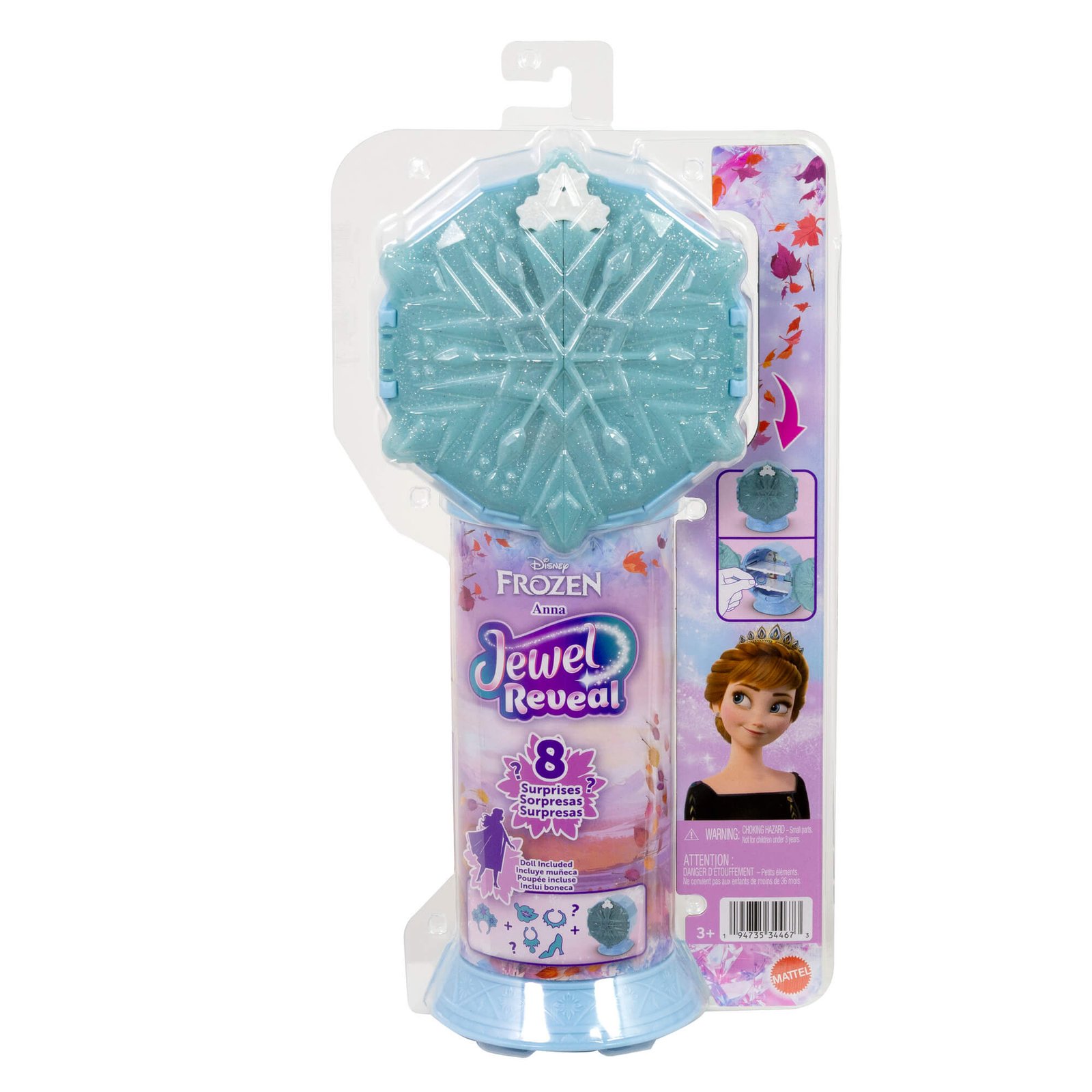 Frozen Jewel Reveal pakuotė su Ana ir užrašu „8 Surprises“