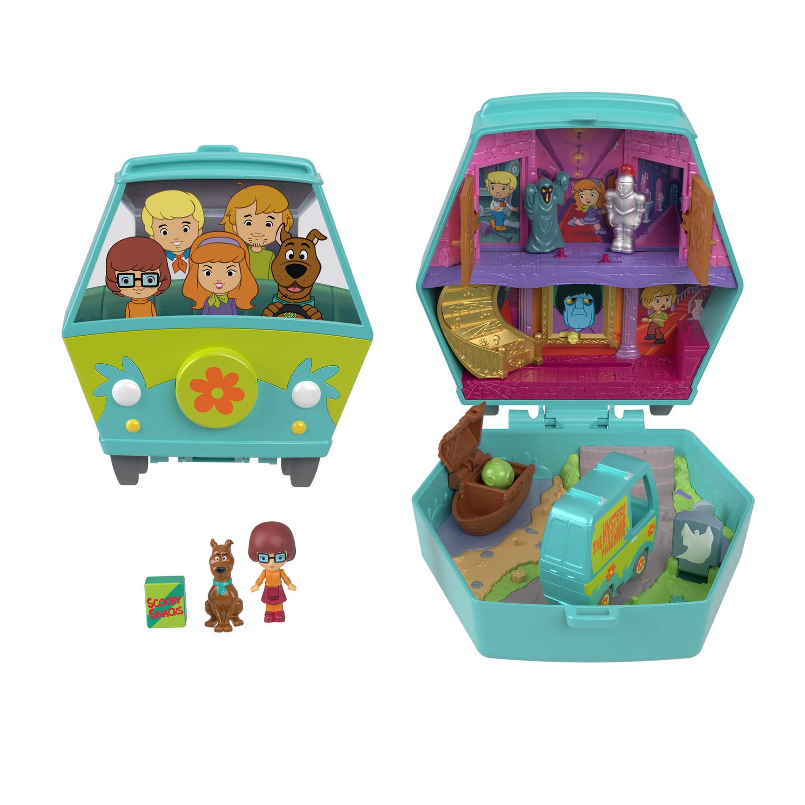Polly Pocket Scooby-Doo rinkinys: uždarytas „Mystery Machine“ kompaktas, atidarytas dvaras ir figūrėlės