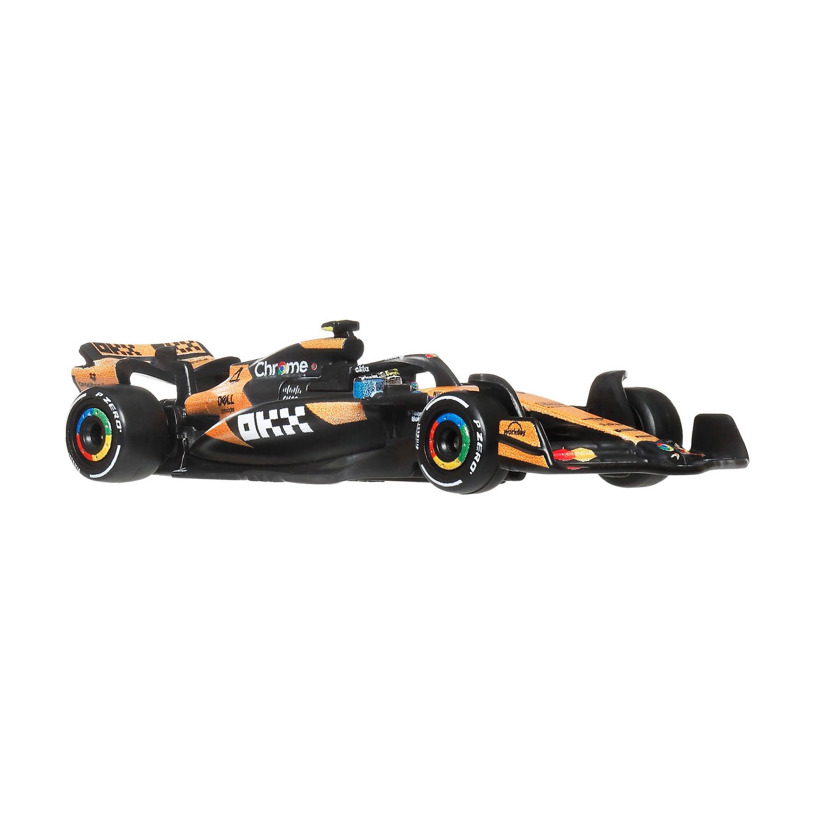 McLaren bolidas #4 su keturių spalvų ratlankiais – vaizdas iš kito šono