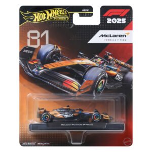 Hot Wheels Oscar Piastri bolidas – Premium kortelė su McLaren #81 modeliu ant juodo stovo