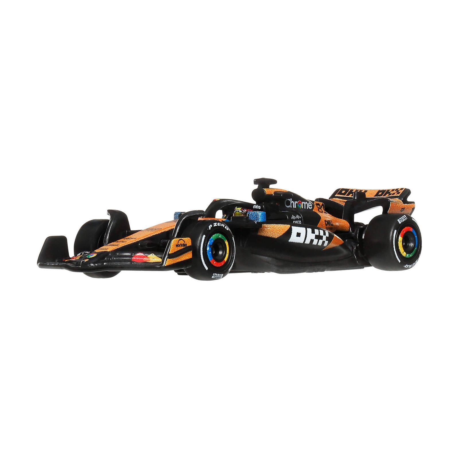 Oranžinis ir juodas McLaren F1 bolidas #81 – vaizdas iš priekio ir šono