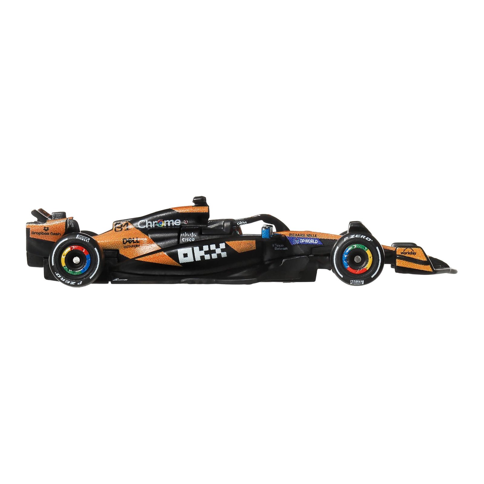 McLaren F1 bolido #81 profilis su rėmėjų užrašais ir Real Riders padangomis