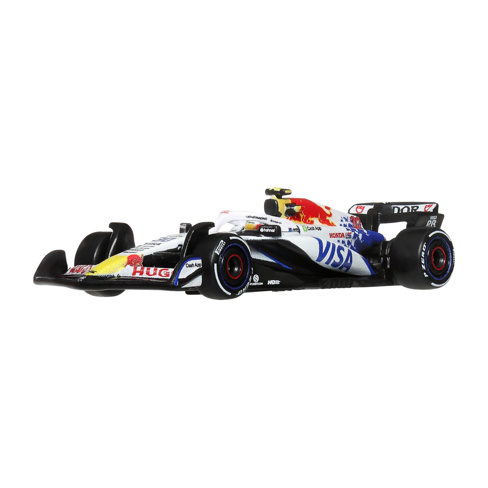 Baltai mėlynas Racing Bulls F1 bolidas #30 – vaizdas iš priekio ir šono