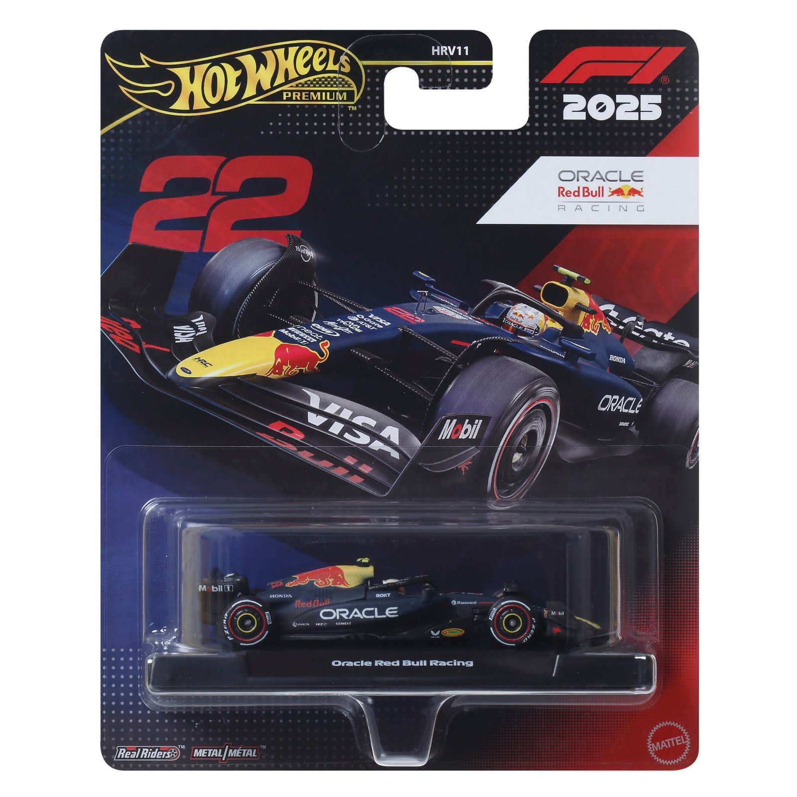 Hot Wheels Yuki Tsunoda bolidas – Premium pakuotė su raudonu numeriu 22 ir Red Bull bolidu ant stovelio