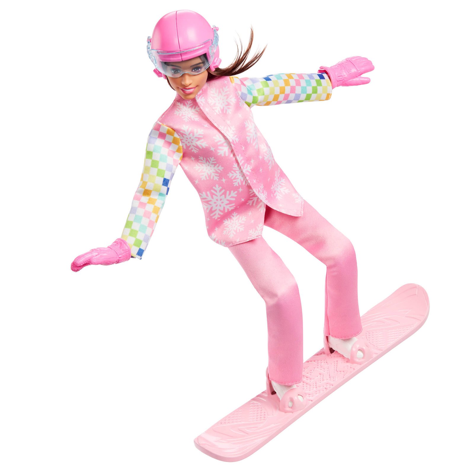 Barbie snieglentininkė su šalmu ir slidinėjimo akiniais čiuožia snieglente
