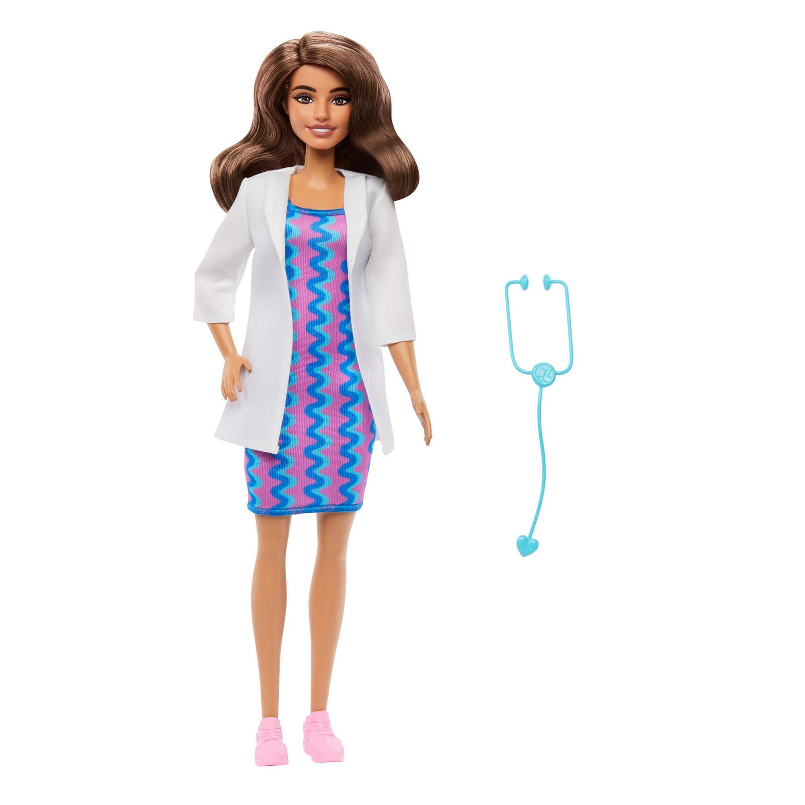 Barbie gydytoja visu ūgiu ir šalia padėtas žydras stetoskopas
