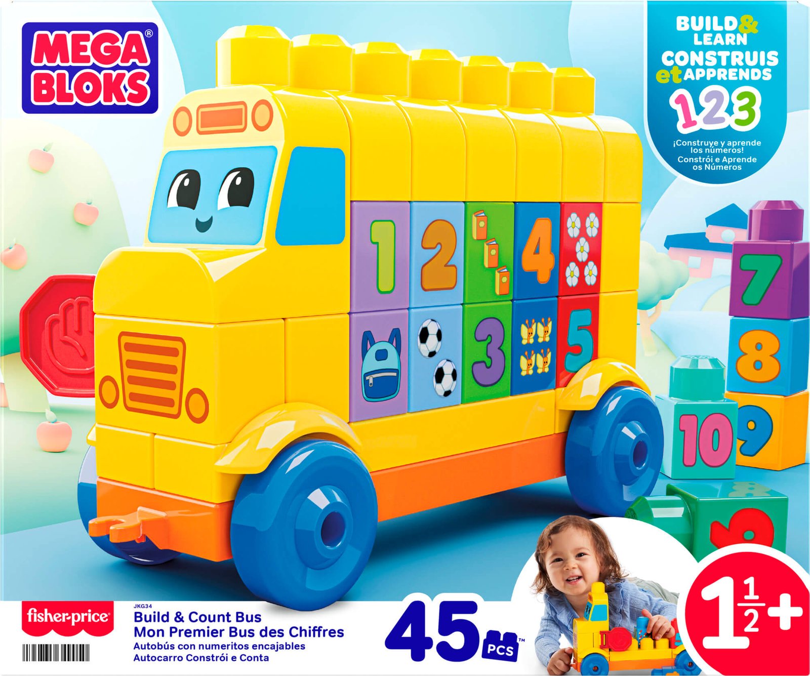 Mega Bloks skaičiavimo autobusas „Build & Count Bus“ pakuotėje, 45 detalės