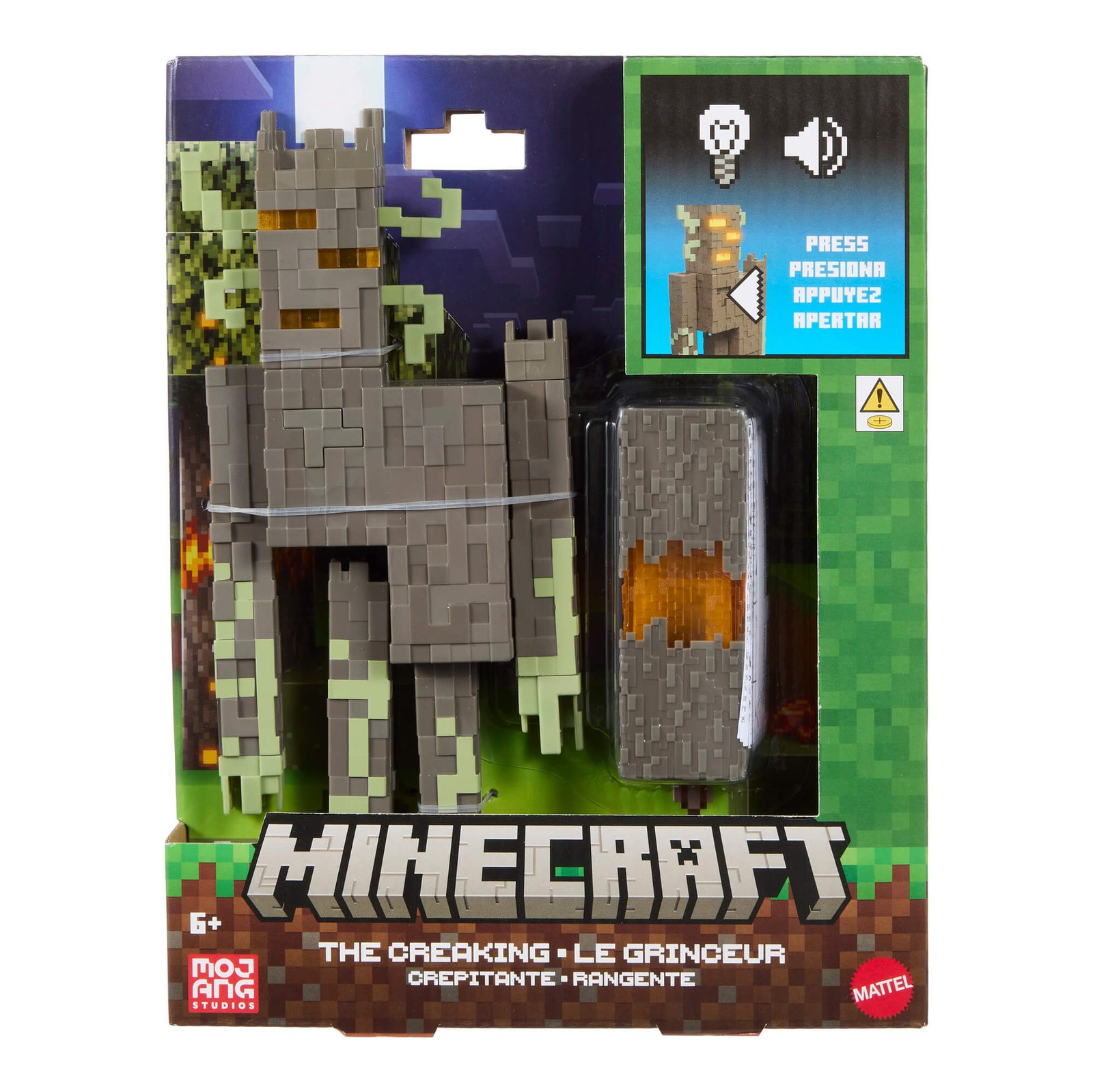 Minecraft Creaking figūrėlė ir girgždančios širdies blokas pakuotėje