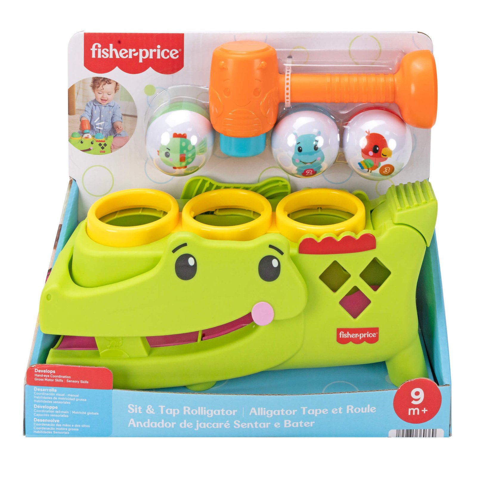 Fisher-Price veiklos aligatorius Sit & Tap Rolligator pakuotėje su plaktuku ir kamuoliukais