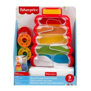 Žiedų ridenimo bokštelis Fisher-Price „Drop Through Rock-A-Stack“ pakuotėje su ženklu 9M+ (nuo 9 mėnesių)