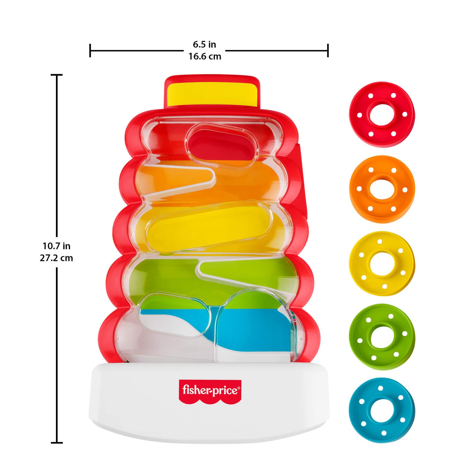 Bokštelio matmenys (27,2 cm aukščio, 16,6 cm pločio) ir penki žiedai su taškeliais