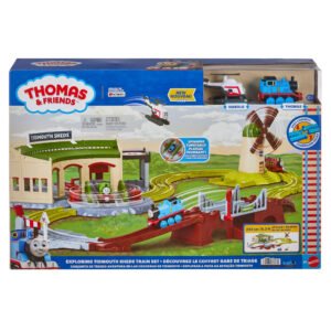 Thomas & Friends traukinių depas „Tidmouth Sheds“ pakuotėje su garvežiuku Thomas ir sraigtasparniu Harold