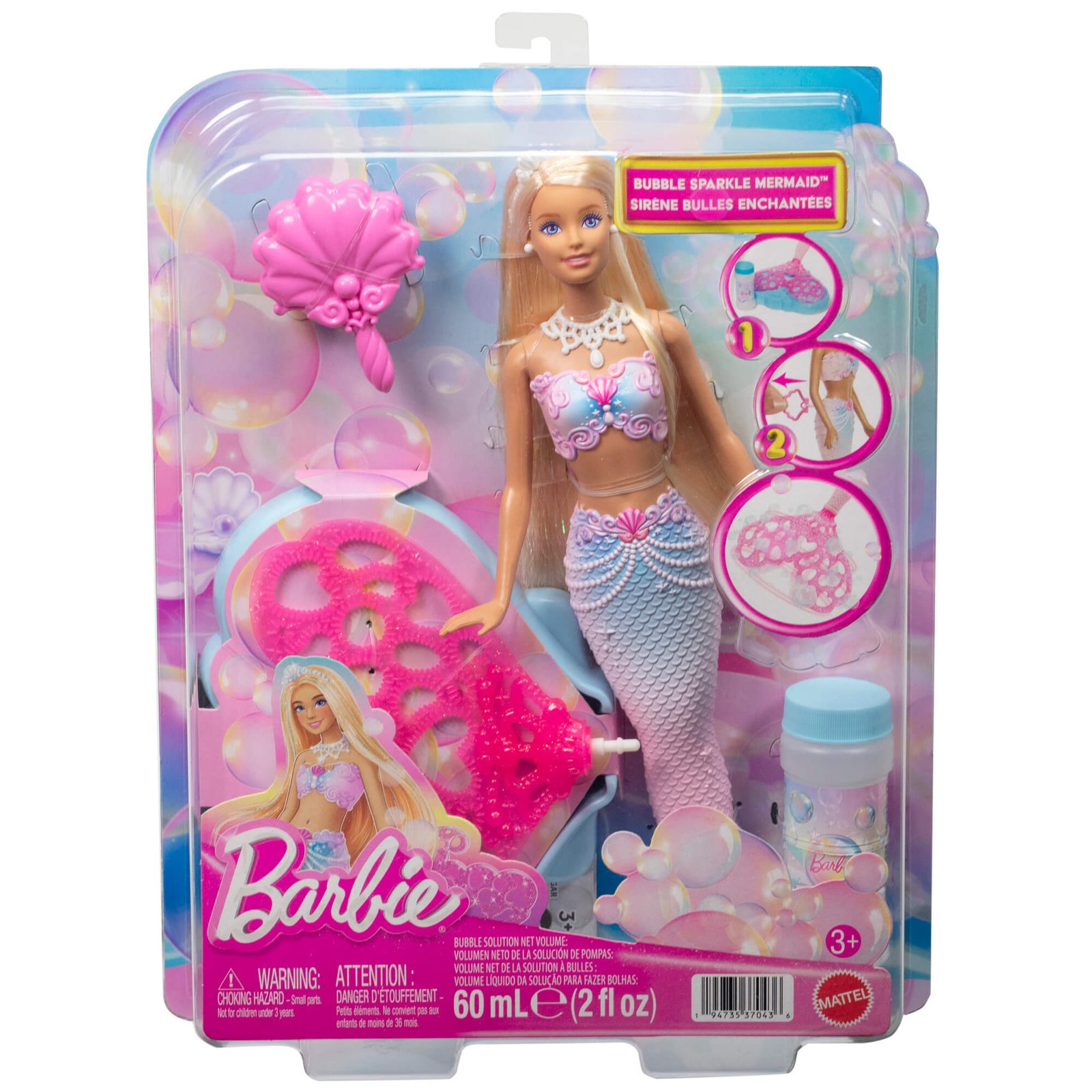 Barbie burbulų undinėlė „Bubble Sparkle“ pakuotėje su padėklu, šepečiu ir 60 ml tirpalo
