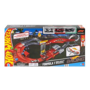 Hot Wheels F1 Downhill Circuit trasa pakuotėje su Haas, Ferrari ir Mercedes bolidais