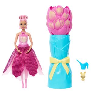 Barbie lėlė tulpėje – lėlė rožine suknele, tulpių puokštė-vaza, laistytuvėlis ir triušiukas