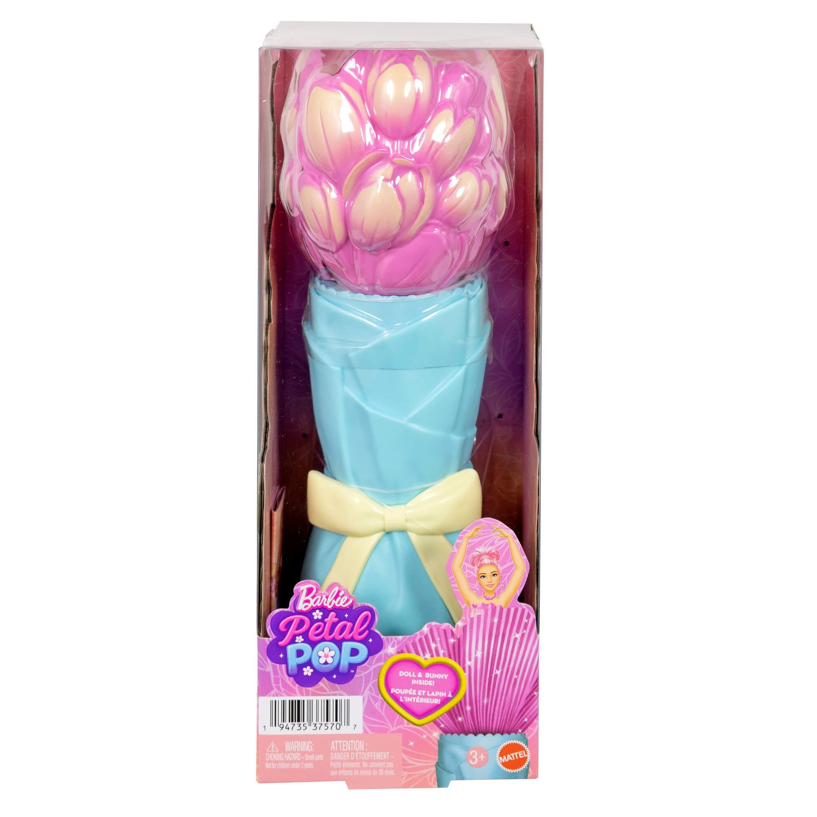 Barbie Petal Pop dėžutė su rožinės tulpės puokšte ir žydra vaza