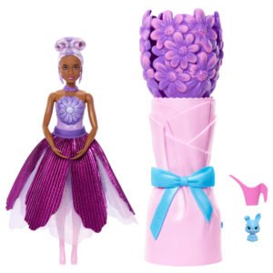 Barbie lėlė ramunėje – violetinė suknelė, ramunių puokštė-vaza, laistytuvėlis ir triušiukas
