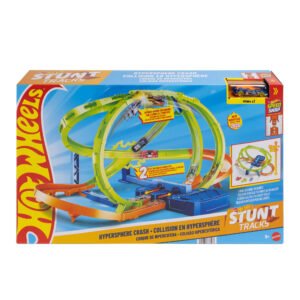Hot Wheels sferinė triukų trasa „Hypersphere Crash“ pakuotėje su žaliomis kilpomis