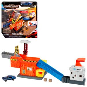 Matchbox automobilių traiškymo garažas „Smalley's Launch & Crush“ ir jo pakuotė
