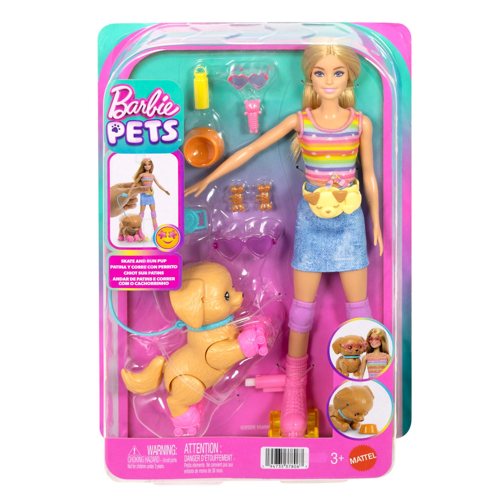 Barbie lėlė su šuniuku riedučiais – „Barbie Pets Skate and Run Pup“ pakuotė su priedais