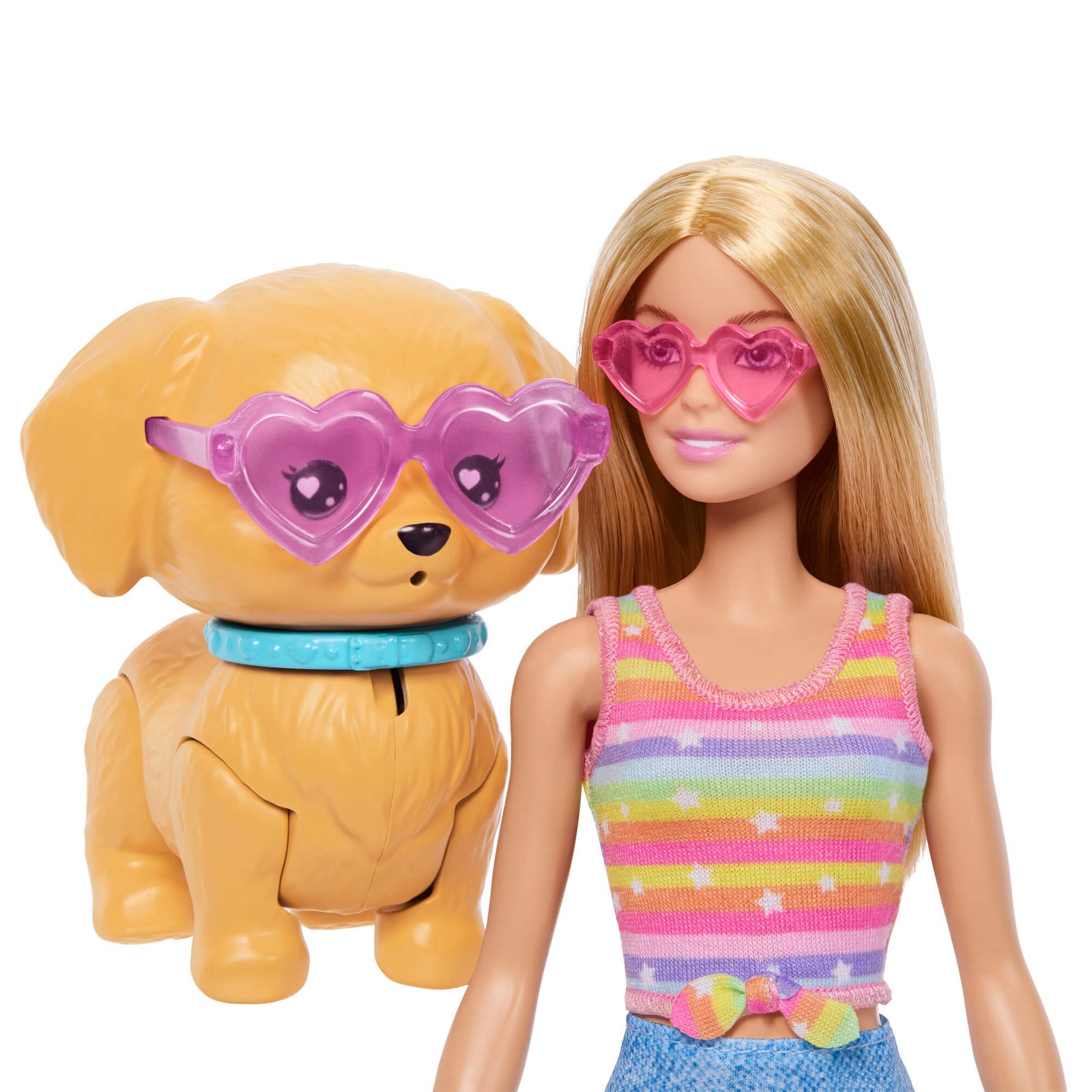 Barbie ir šuniukas su rožiniais širdelės formos akiniais nuo saulės