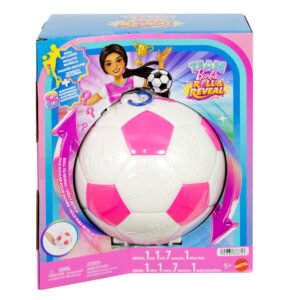 Barbie Roll & Reveal futbolininkė – pakuotė su baltai rožiniu futbolo kamuolio formos dėklu
