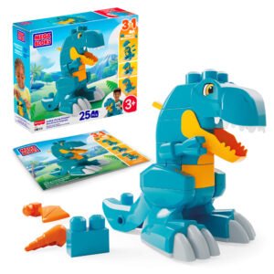 Mega Bloks dinozauro konstruktorius – pastatytas T. rex, pakuotė ir instrukcija