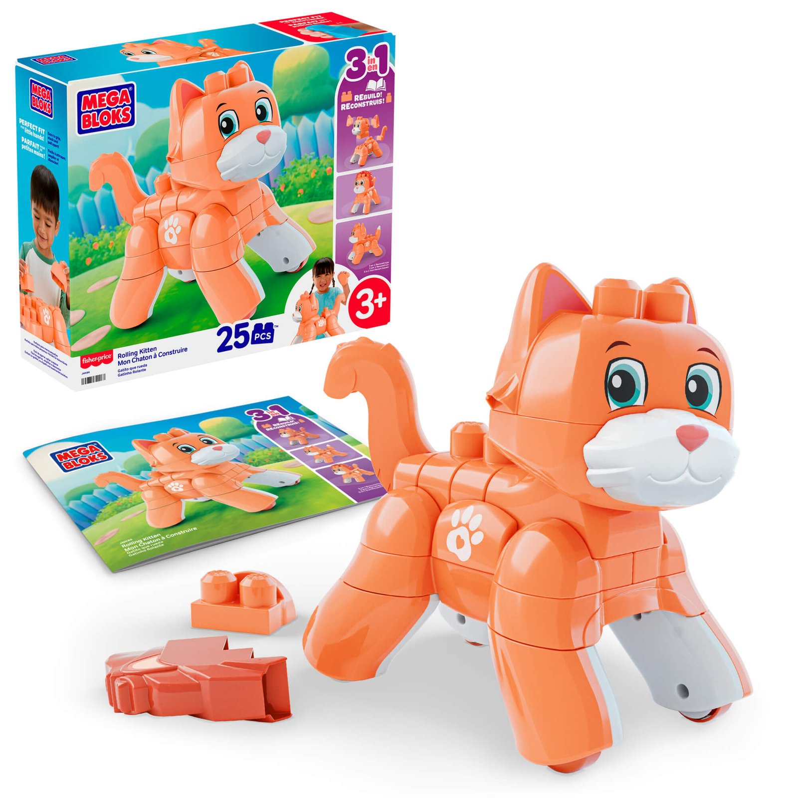 Mega Bloks kačiuko konstruktorius – pastatytas oranžinis kačiukas, pakuotė ir instrukcija