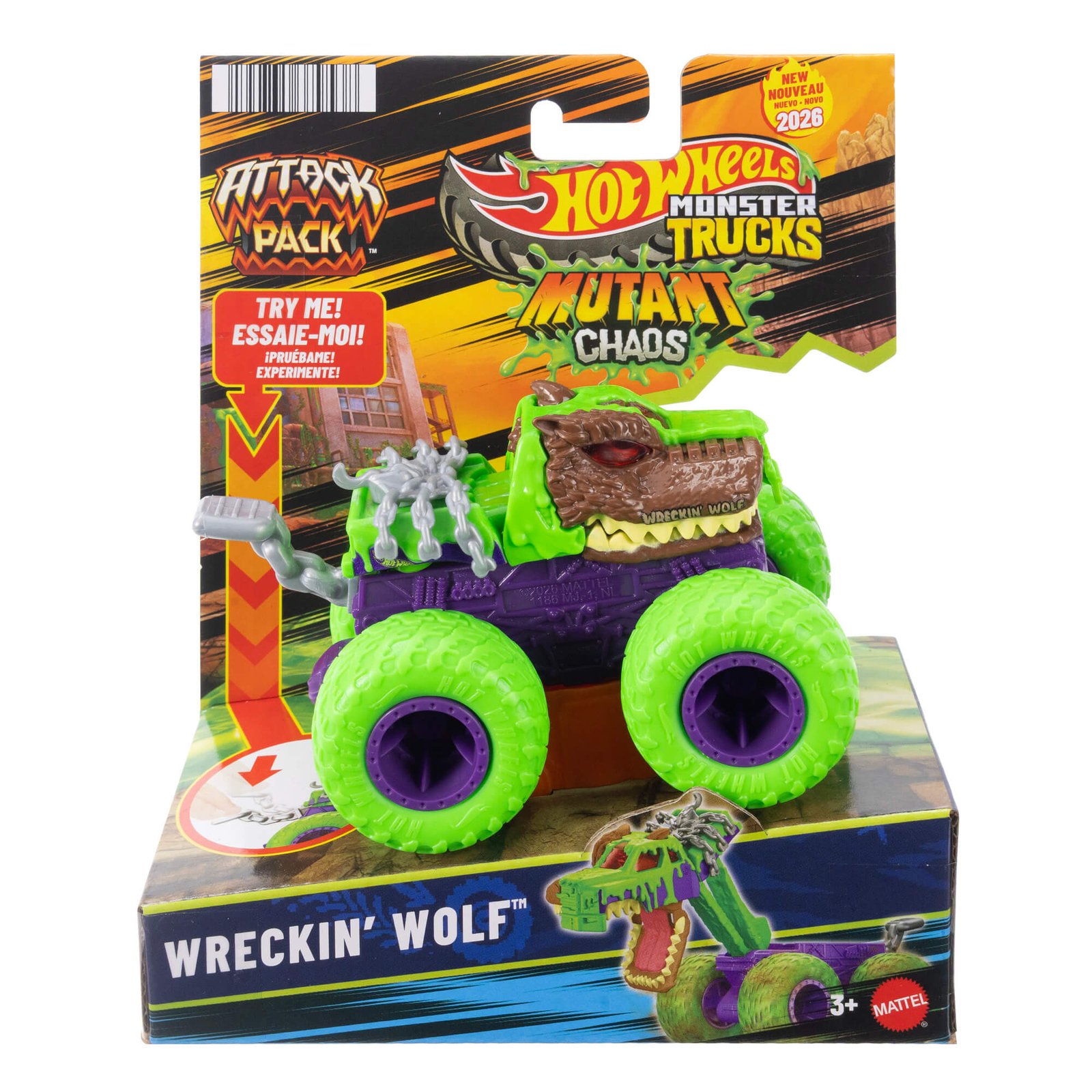 Hot Wheels Monster Trucks Attack Pack pakuotė su Mutant Chaos džipu Wreckin' Wolf