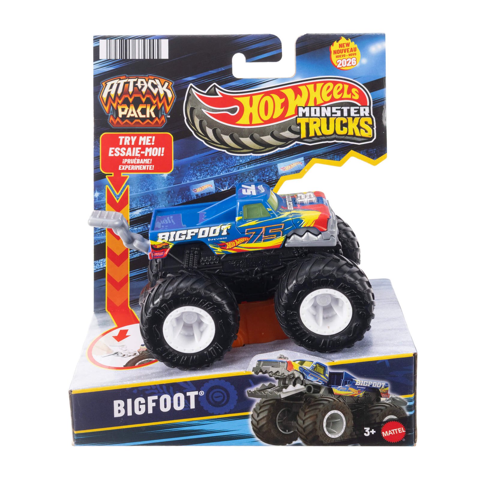 Mėlynas Attack Pack džipas Bigfoot pakuotėje su užrašu „Try me!“