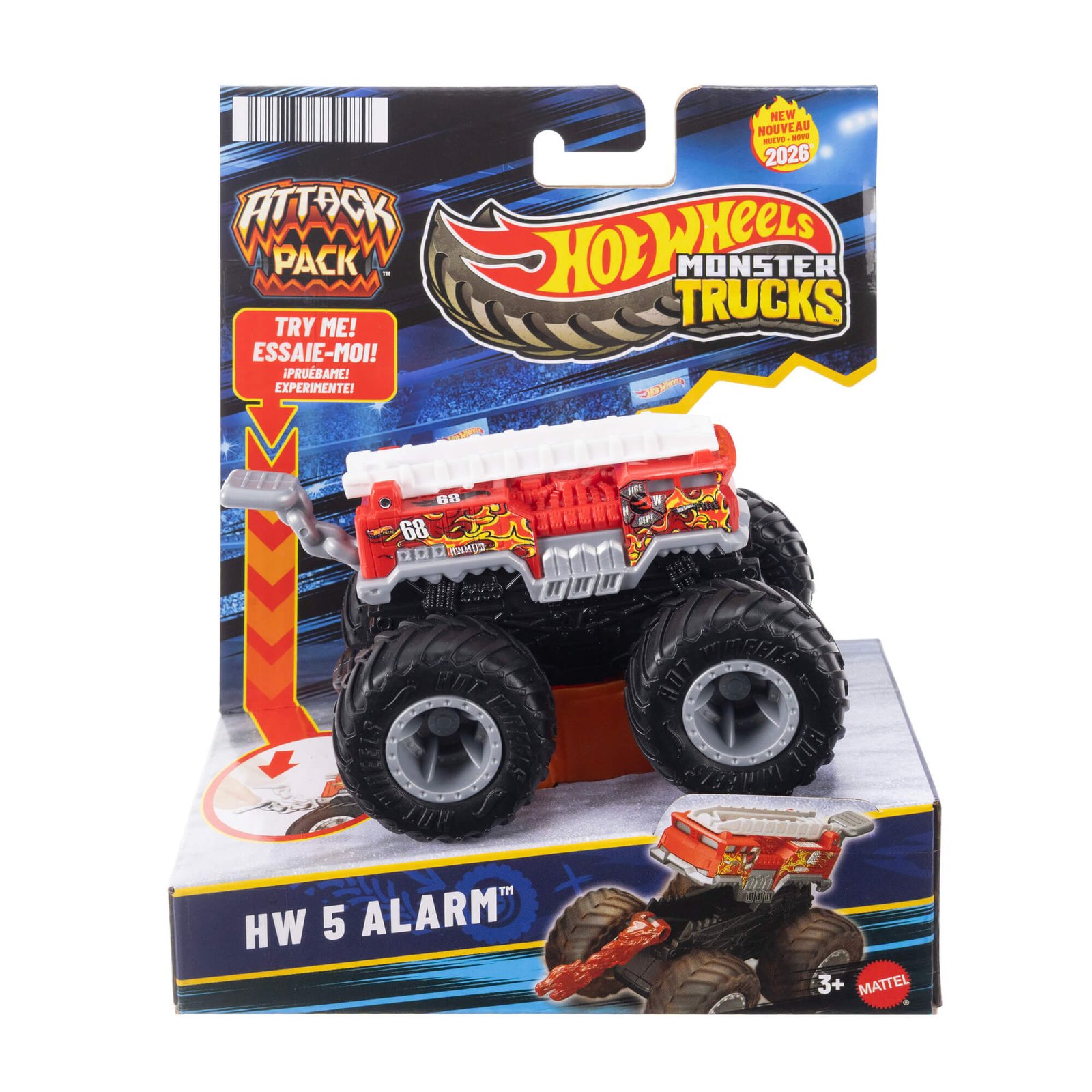 Raudonas gaisrinės stiliaus džipas HW 5 Alarm Attack Pack pakuotėje