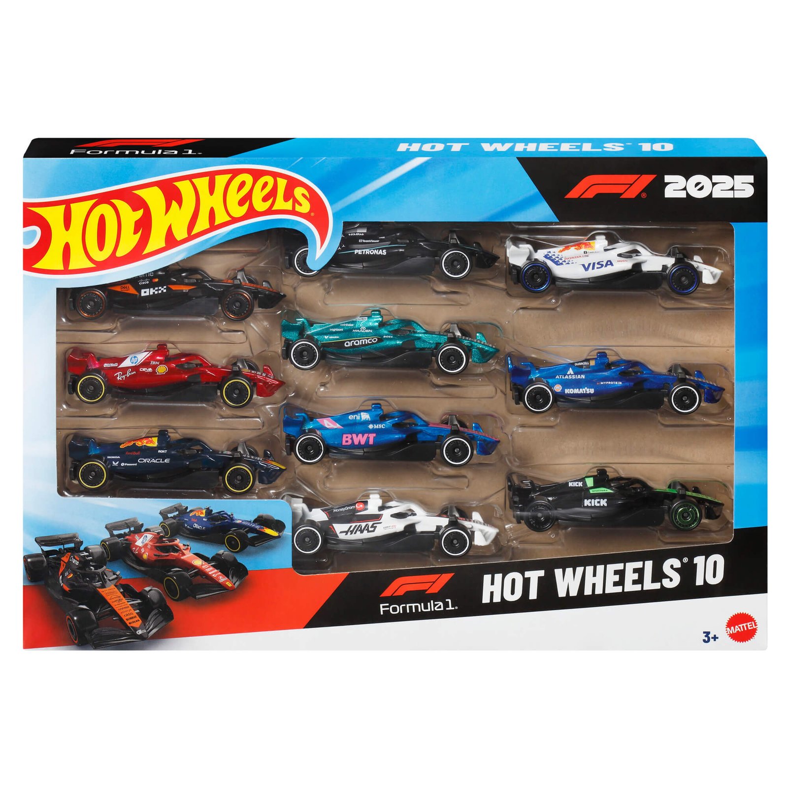 Hot Wheels F1 bolidai 10 vnt. – pakuotė su visų dešimties 2025 m. Formulės 1 komandų bolidais