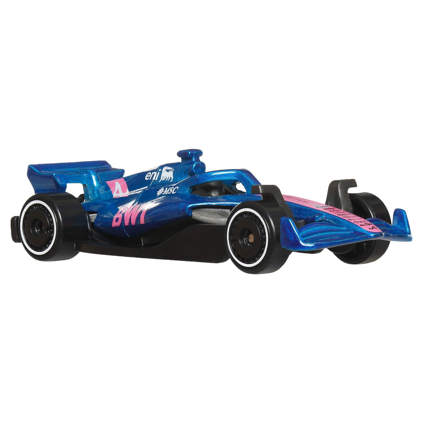 Mėlynas Alpine F1 bolidas su rožiniu BWT užrašu