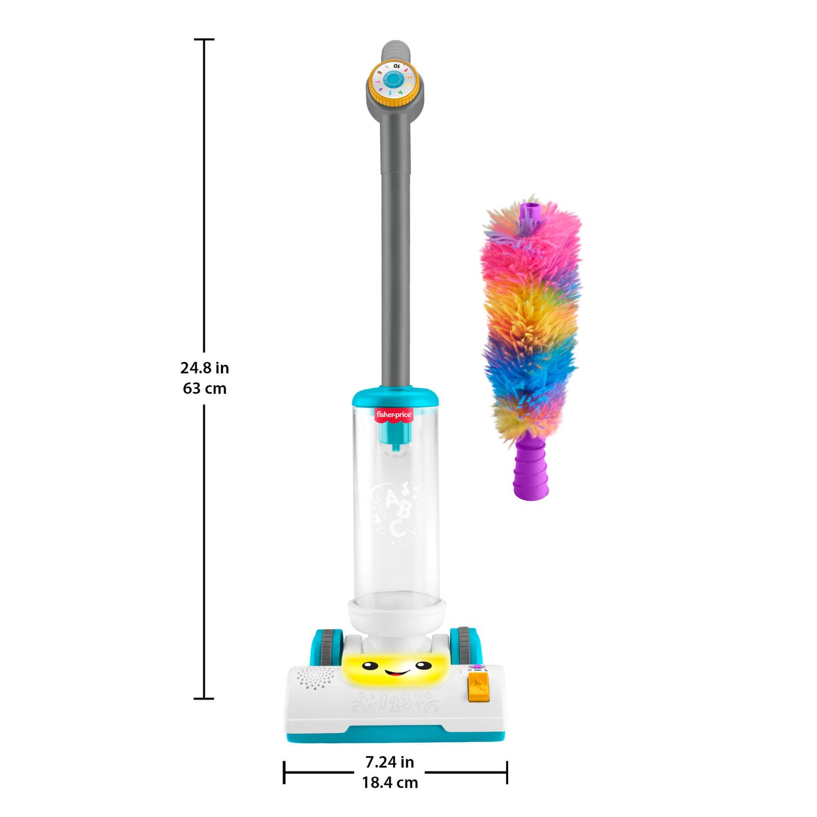 Žaislinio siurblio matmenys – 63 cm aukščio ir 18,4 cm pločio