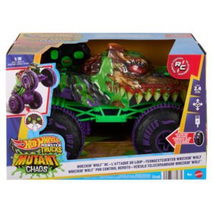 Hot Wheels RC Wreckin' Wolf pakuotėje – vilko galvos džipas su grandinėmis ir pultelis